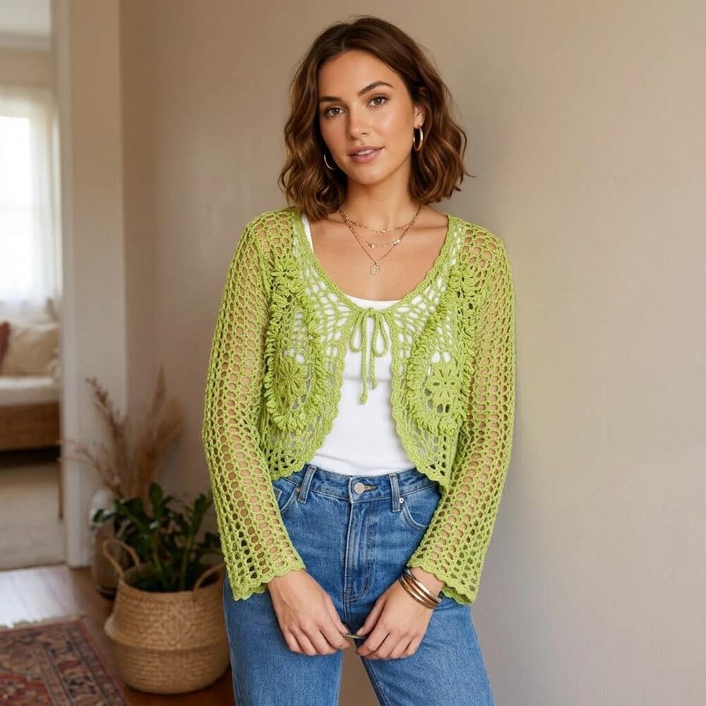 Crochet Bolero Sz Small Green Shrug Cardigan Floral Open Knit Cotton Fairy Y2K